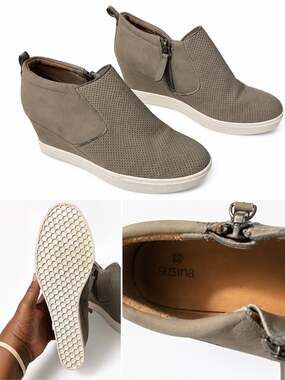 Susina Areya Taupe Gray Perforated Zip Wedge Sneakers